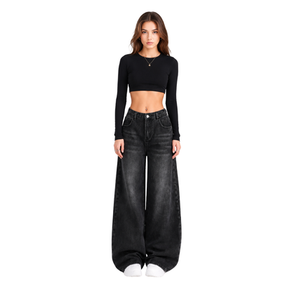 Women's high-rise wide-leg jeans with a half-elastic waist