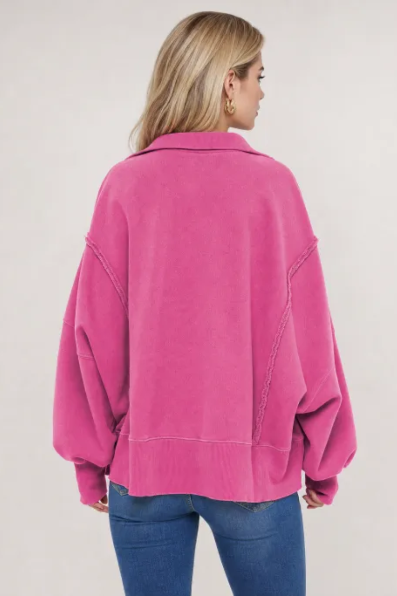 Women Fall Washed Vintage Half Button Polo Sweatshirt