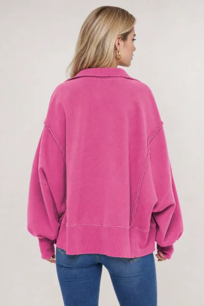 Women Fall Washed Vintage Half Button Polo Sweatshirt