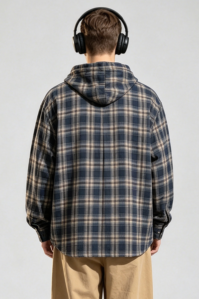 Unisex Spring Vintage Hooded Plaid Button-Down Overshirt