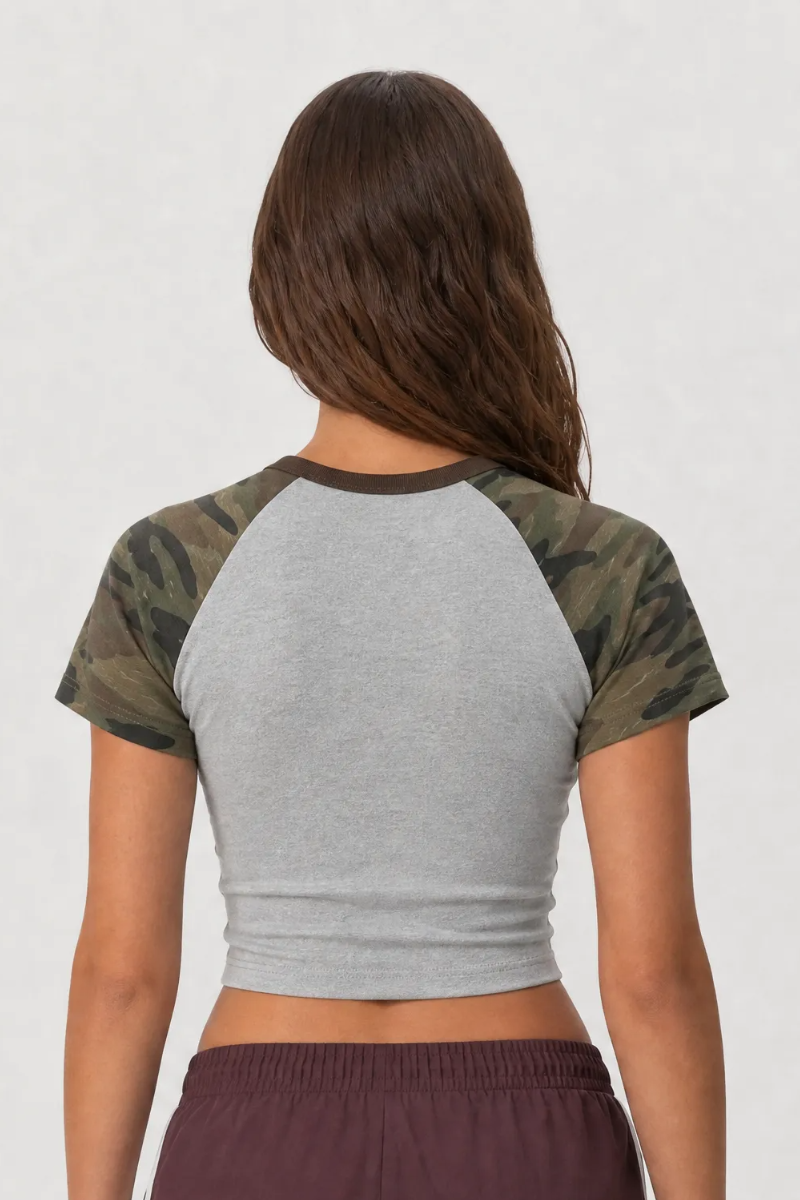 Women's Summer Y2K Camo Raglan Colorblock Crop Tee