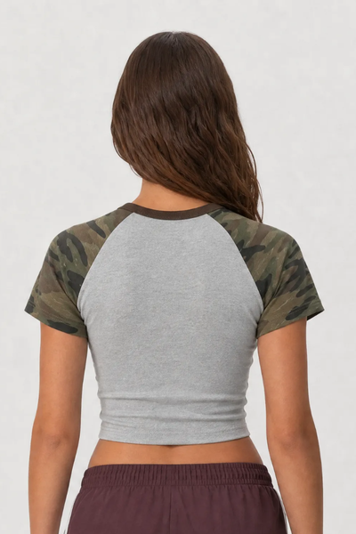 Women's Summer Y2K Camo Raglan Colorblock Crop Tee