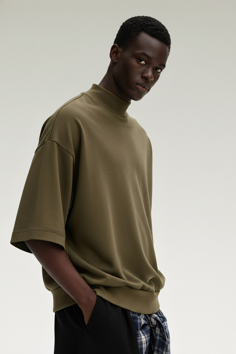 Men's Summer Mock Neck 305g Cotton Boxy Dolman Ribbed Tee