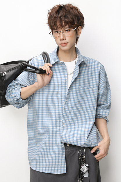 Men's Spring Contrast Plaid Long Sleeve Loose Miu Shirt