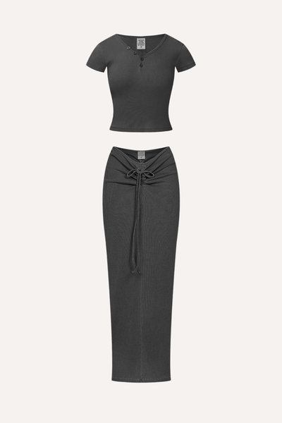 Women's Summer Retro Sexy Slim V-Neck Ski Tee & Skirt Set