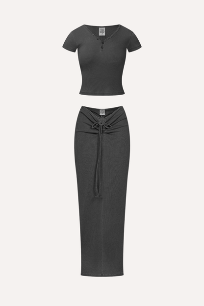 Women's Summer Retro Sexy Slim V-Neck Ski Tee & Skirt Set
