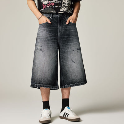 Men's Summer Gradient Cat Whisker Distressed Denim Shorts