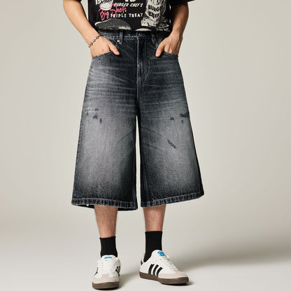 Men's Summer Gradient Cat Whisker Distressed Denim Shorts