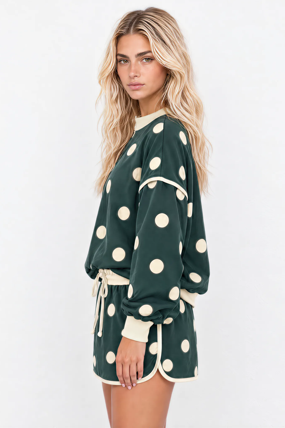 Women Spring Polka Dot Mock Neck Curved Hem Skirt Set