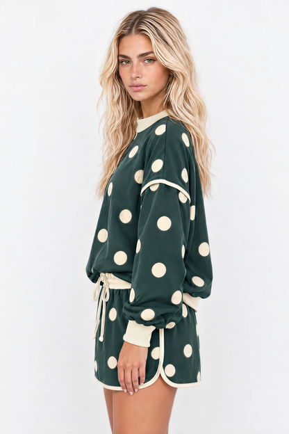 Women Spring Polka Dot Mock Neck Curved Hem Skirt Set