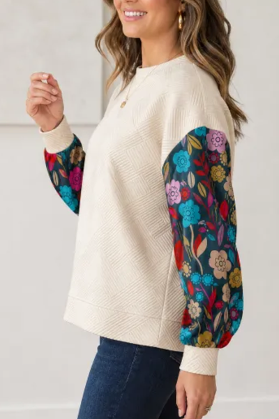Women Fall Clothing Textured Floral Patchwork Sweatshirt