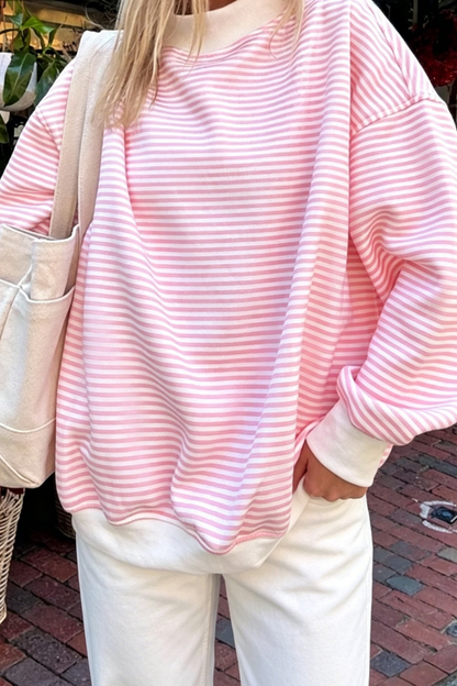 Women Spring Striped Mock Neck Oversized Cotton Sweatshirt