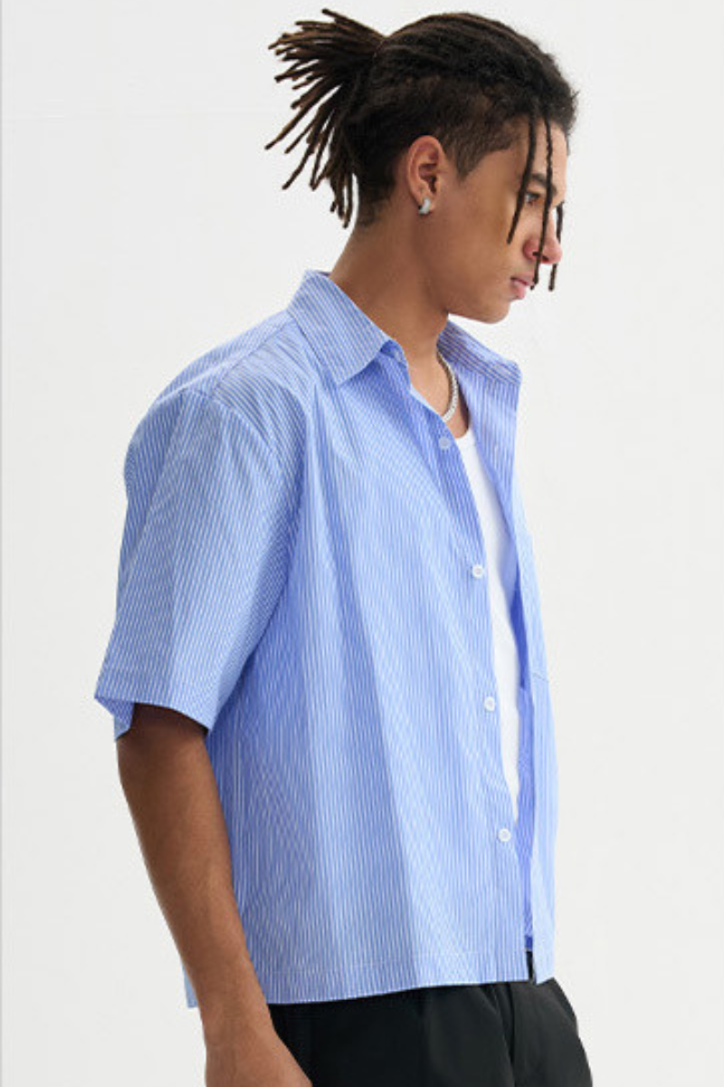 Men's Summer Woven Striped Loose Cropped Short Sleeve Shirt