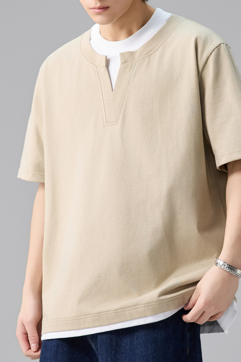 Men's Summer Mock Layer Henley Colorblock Tee