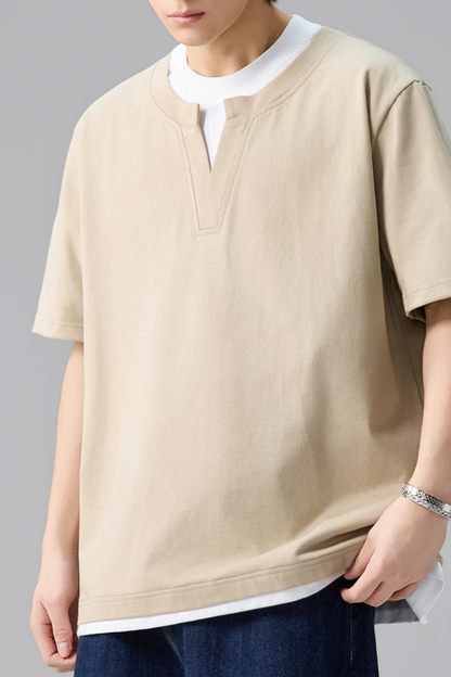 Men's Summer Mock Layer Henley Colorblock Tee
