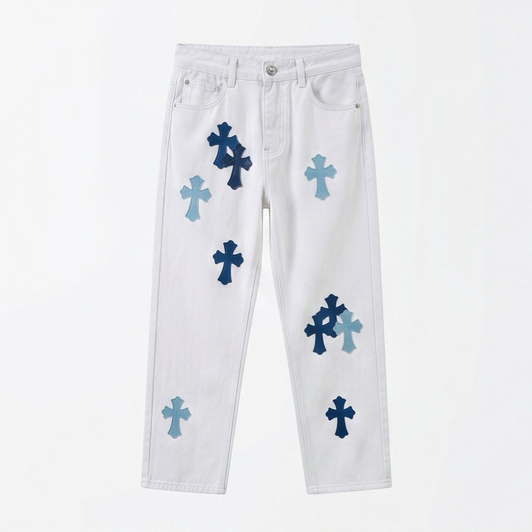 Men's Spring White Cross Patch Wide-Leg Denim Jeans