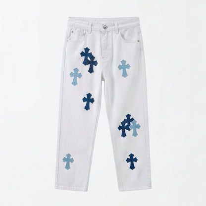 Men's Spring White Cross Patch Wide-Leg Denim Jeans