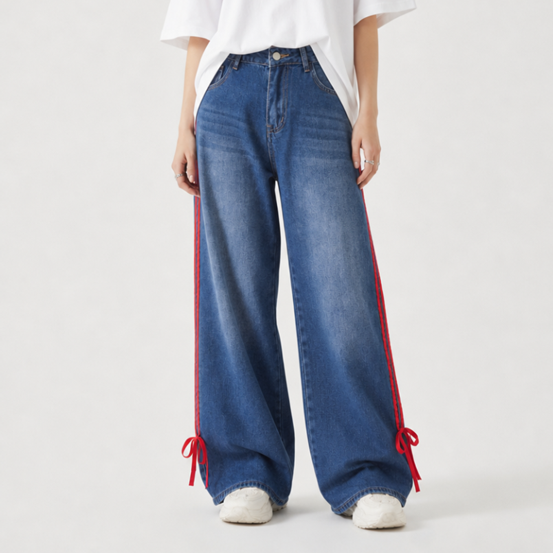 Women's High Waist Wide Leg Jeans with Red Side Stripe
