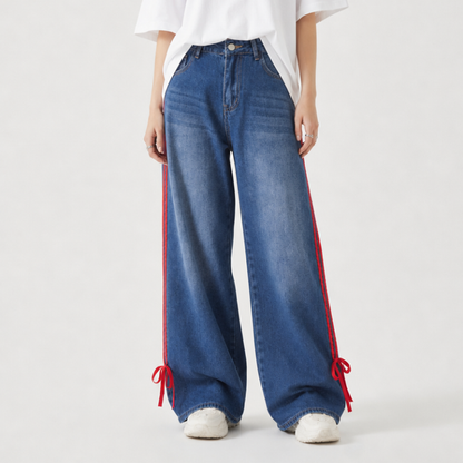Women's High Waist Wide Leg Jeans with Red Side Stripe