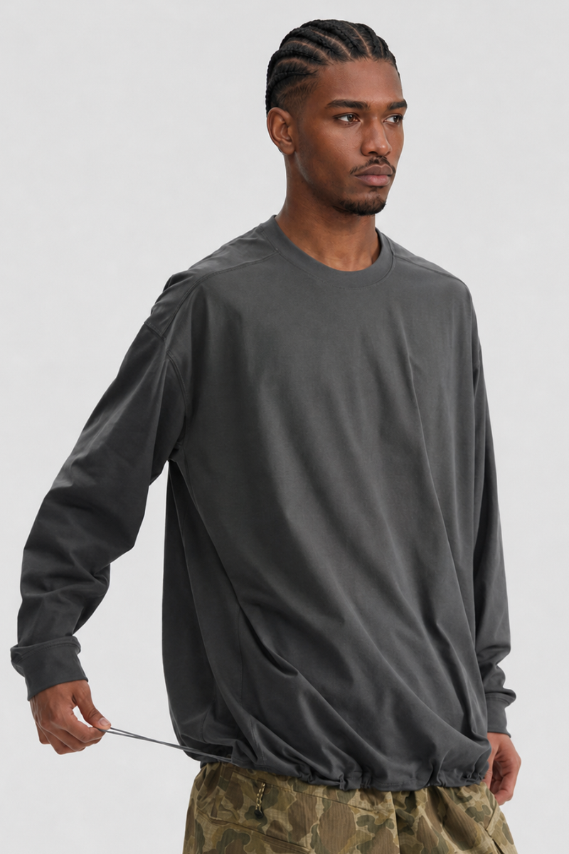 Men's Spring Drawstring-Hem Relaxed Long-Sleeve T-Shirt