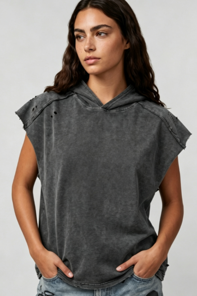 Women's Summer Stone-Washed Distressed Raw-Edge Hooded Tank