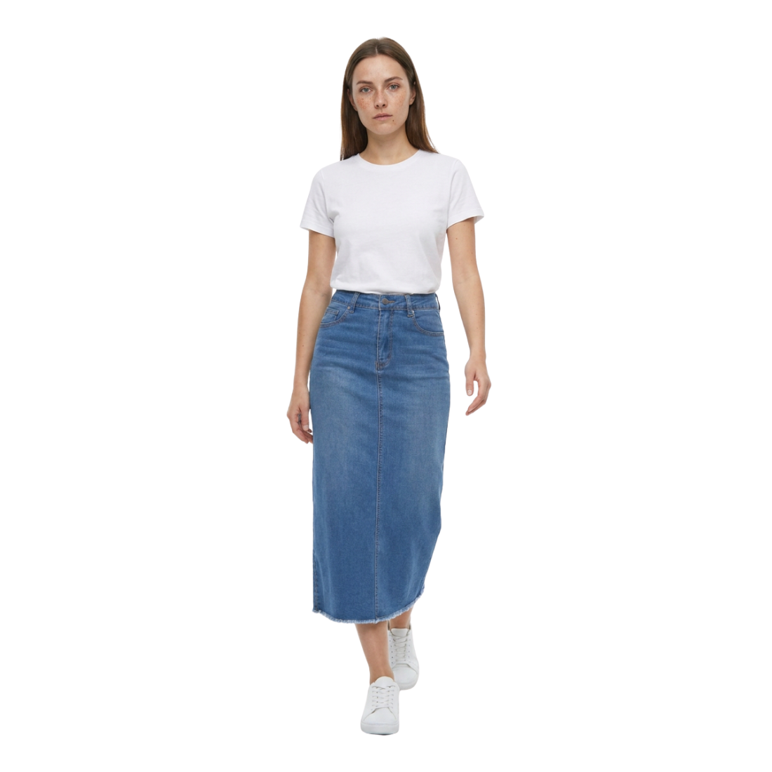 Women's High Waist A-Line Front Slit Denim Midi Skirt