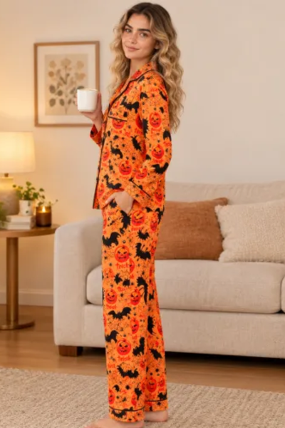 Women Fall Clothing Halloween Pumpkin Bat Web Pajama Set
