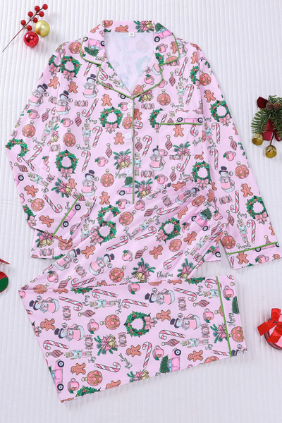 Women's Christmas Pink Striped Open Collar Pajama Set