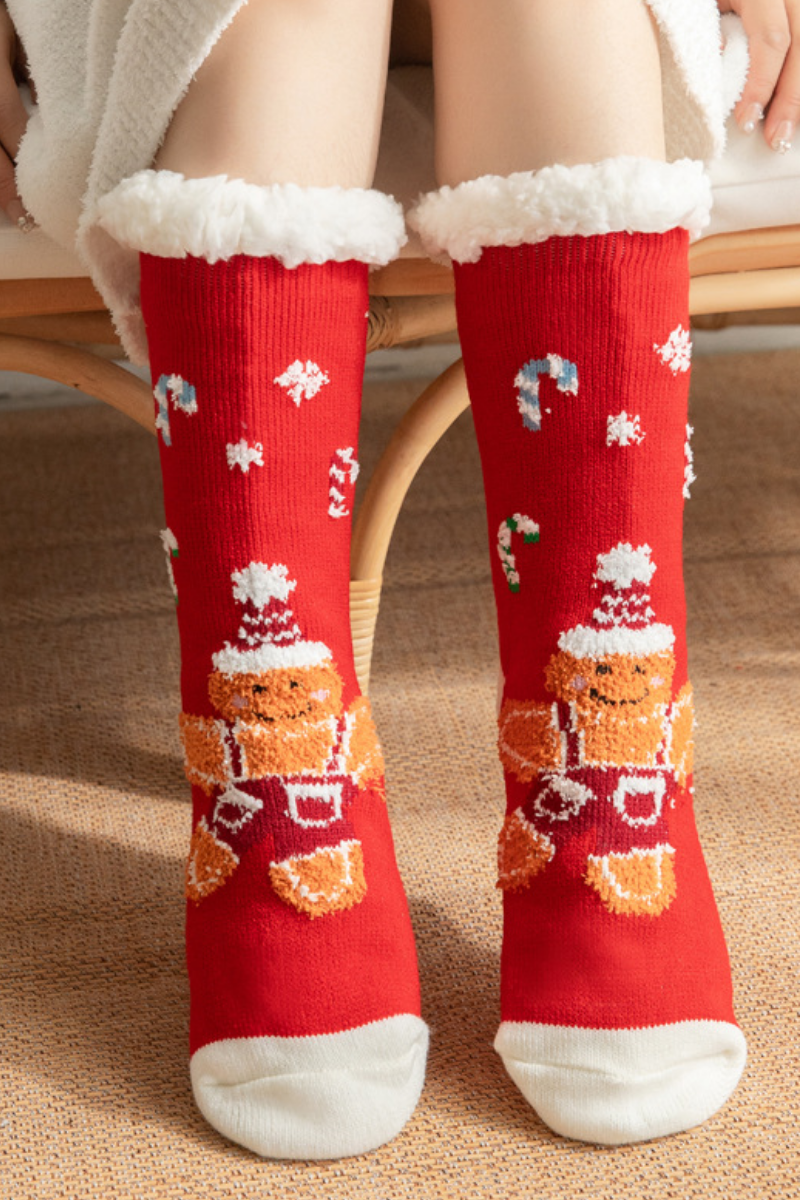 Women Winter Christmas Fleece Cuff Non Slip Slipper Socks