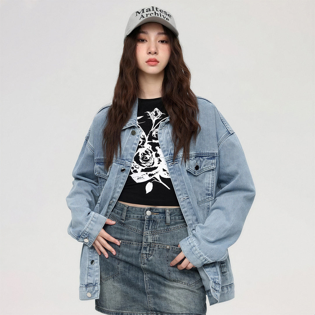 Unisex Spring Vintage Washed Oversized Denim Trucker Jacket