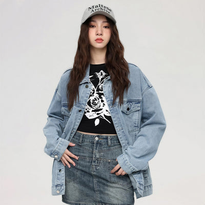 Unisex Spring Vintage Washed Oversized Denim Trucker Jacket