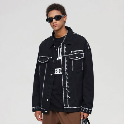 Unisex Spring Graffiti Contrast Stitching Denim Jacket