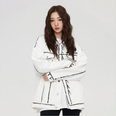 Unisex Spring Graffiti Contrast Stitching Denim Jacket