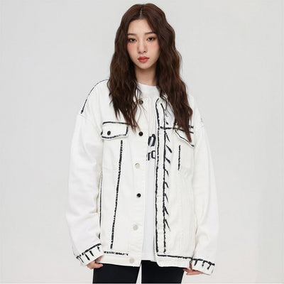 Unisex Spring Graffiti Contrast Stitching Denim Jacket
