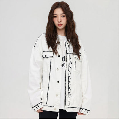 Unisex Spring Graffiti Contrast Stitching Denim Jacket