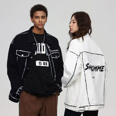 Unisex Spring Graffiti Contrast Stitching Denim Jacket