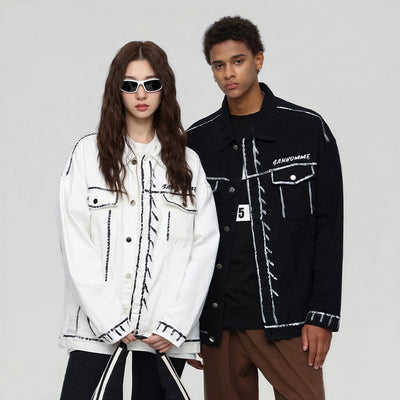 Unisex Spring Graffiti Contrast Stitching Denim Jacket