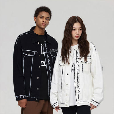 Unisex Spring Graffiti Contrast Stitching Denim Jacket