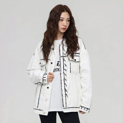 Unisex Spring Graffiti Contrast Stitching Denim Jacket