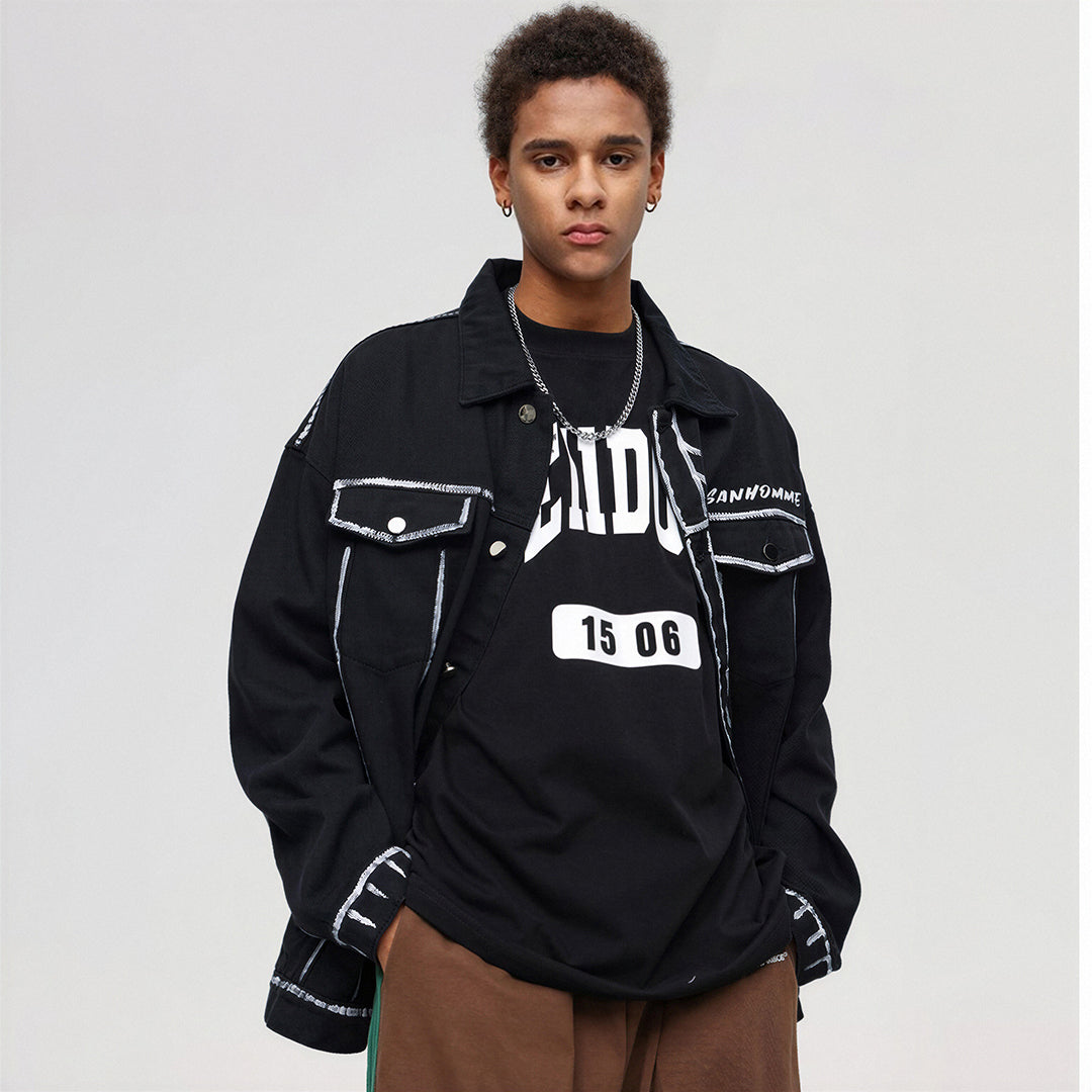 Unisex Spring Graffiti Contrast Stitching Denim Jacket