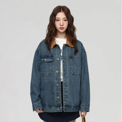 Unisex Spring Yellow Collar Vintage Washed Denim Jacket