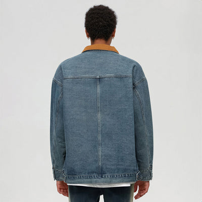 Unisex Spring Yellow Collar Vintage Washed Denim Jacket