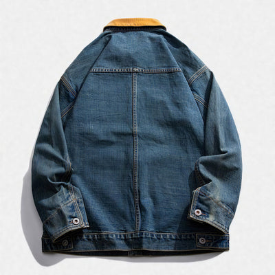 Unisex Spring Yellow Collar Vintage Washed Denim Jacket