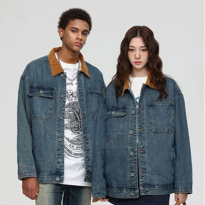Unisex Spring Yellow Collar Vintage Washed Denim Jacket