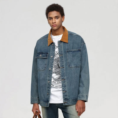 Unisex Spring Yellow Collar Vintage Washed Denim Jacket