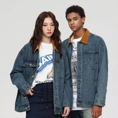 Unisex Spring Yellow Collar Vintage Washed Denim Jacket