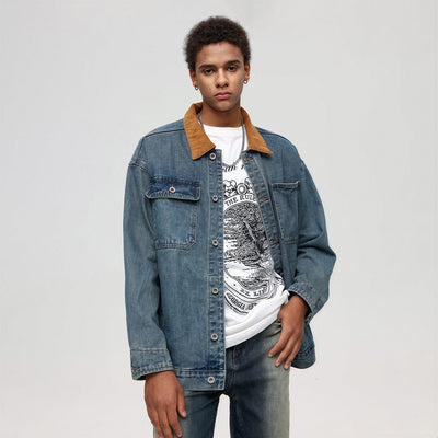 Unisex Spring Yellow Collar Vintage Washed Denim Jacket
