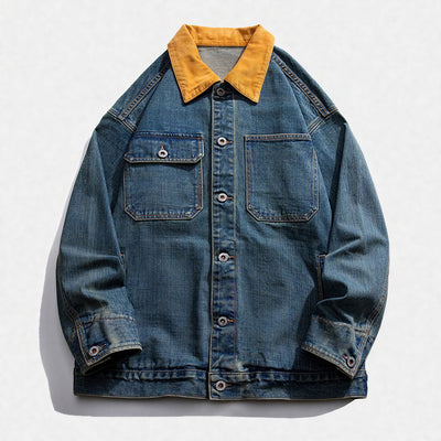 Unisex Spring Yellow Collar Vintage Washed Denim Jacket