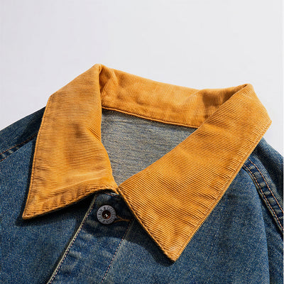 Unisex Spring Yellow Collar Vintage Washed Denim Jacket