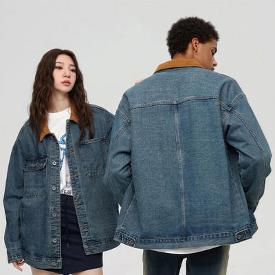 Unisex Spring Yellow Collar Vintage Washed Denim Jacket